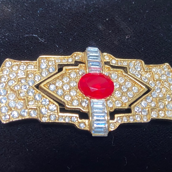 Sparkling Kenneth Lane “Ruby” Crystal Art Deco Brooch - Picture 2 of 6